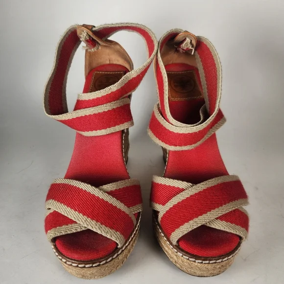 TORY BURCH Women's Adonis Espadrille Sandal Size 5 Red Wedge Leather Made Spain - Picture 9 of 12